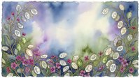 Watercolor floral border with white daisy flowers, purple blooms, and green foliage on soft pastel background. Suitable for invitations, cards, and design projects.