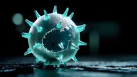 Microscopic virus particle with turquoise spikes on dark background, suitable for medical, scientific, educational, and healthcare presentations.