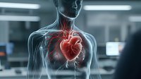 Anatomical visualization of human heart with glowing red detail in translucent body, showing cardiovascular system in medical laboratory setting.