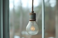 Vintage light bulb with glowing filament hanging on rope against blurred window background, creating atmospheric minimalist composition with warm illumination.