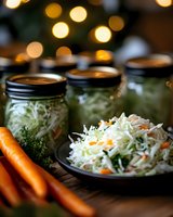 Fresh shredded cabbage and carrot coleslaw in mason jars and ceramic plate with raw carrots on wooden surface, bokeh lights in background.