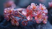 Delicate pink crystal cherry blossom branch with water drops, decorative glass art piece against dark background, perfect for luxury jewelry or spring season design concepts.