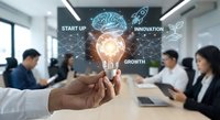 Business professional holding glowing lightbulb with innovation icons in modern office meeting room representing startup growth and creative ideas.