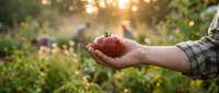 Farmer holding fresh ripe tomato in cupped hands at sunset in organic vegetable garden with warm golden light filtering through plants in background.