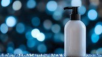 White cosmetic pump bottle with blue bokeh lights background for skincare and beauty product packaging design.