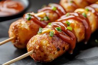 Grilled chicken meatballs on wooden skewers with sweet chili sauce and green onions, close-up view on dark background, Asian fusion appetizer.