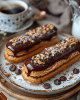 Chocolate eclairs with crushed nuts on ceramic plate, coffee cup in background. Rich dark chocolate ganache topping and creamy filling, scattered coffee beans.