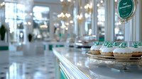 Elegant cupcakes with mint green frosting displayed on silver stand in luxury patisserie interior with crystal chandeliers and marble floors. Perfect for food marketing.