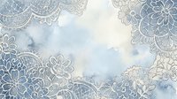 Ornate lace floral borders frame watercolor wash background in soft blue and cream tones, isolated on white for design projects.