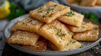 Golden baked breadsticks with herbs and sea salt on rustic plate. Fresh homemade bread rolls for restaurant menu, bakery display or cooking blog content.