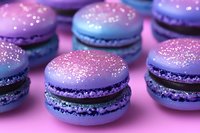 Sparkly purple and pink macarons with glitter dust on smooth shells and dark filling, arranged on pink surface in soft focus macro photography.