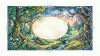 Enchanted forest watercolor frame with oval copy space, glowing trees, mushrooms, bridge, and cottage for invitations and greeting cards.