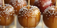 Caramel coated candy apples decorated with white sugar pearls on wooden sticks, dripping with golden caramel sauce against blurred background.