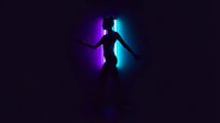 Young woman dancing silhouette with vibrant purple and cyan neon lighting effects on dark background for nightclub and entertainment design.