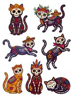 Day of the Dead cats with skull faces, skeleton bones, and colorful floral patterns wearing sombreros and flower crowns. Isolated clipart set for design projects.