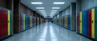 Empty school hallway with colorful lockers lining both sides, fluorescent lighting overhead creating bright educational corridor for back to school concepts.