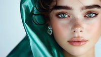 Young woman with bright blue eyes, natural freckles, and nude lipstick wearing emerald green silk headscarf, close-up beauty portrait against light background.