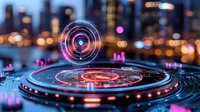 Futuristic holographic interface with glowing red circles and digital elements against blurred city skyline background at night. Technology concept.