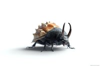 Detailed close-up view of rhinoceros beetle on white background, showing textured exoskeleton and distinctive horns. Isolated macro photography for nature and wildlife designs.