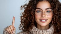 Young mixed race woman with curly hair and glasses pointing up with index finger, wearing cozy turtleneck sweater against light background. Positive facial expression.