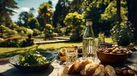 Summer outdoor dining scene with fresh salad, bread, water bottle and nuts on wooden table in lush garden setting.