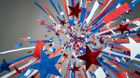 Patriotic celebration explosion with red white blue stars and ribbons bursting outward in dynamic motion for Independence Day holiday festivities.