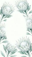 Watercolor protea flowers frame with soft green leaves on white background for wedding invitations and botanical designs.