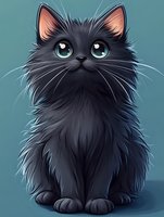 Adorable fluffy black kitten with big green eyes sitting upright, soft fur texture, cute pet illustration for children's books and greeting cards.