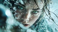 Dramatic close-up portrait of young woman with intense green eyes and wet hair in turquoise tones, water drops and splashes creating mystical atmosphere for creative projects.