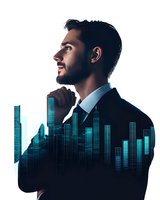 Profile of young Hispanic businessman in suit with thoughtful expression combined with modern city skyline silhouette in blue neon style. Double exposure effect.