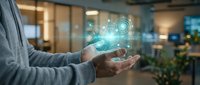 Businessman holding digital holographic interface with glowing technology icons and network connections in modern office environment for business solutions.