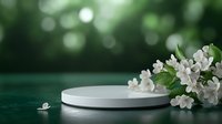 White round podium with delicate spring cherry blossom branches on dark green background with bokeh lights, creating elegant minimalist product display setting.