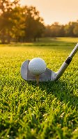 Golf club and ball on green grass at sunset with warm golden light creating atmospheric sports scene for recreation and leisure activities.