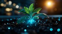 Young green plant sprout growing from soil with magical glowing blue light effect and bokeh particles against dark background with sunlight.