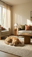 Golden retriever sleeping on a cozy rug in a bright, modern living room with neutral tones, warm cushions, and natural sunlight.