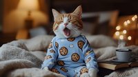 Ginger cat yawning while wearing blue cookie pattern pajamas on cozy bed with coffee cup and book nearby, warm evening atmosphere with soft lighting.