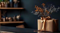 Elegant gift box wrapped in kraft paper with satin bronze ribbon and dried flowers on dark background. Minimalist festive composition for special occasions.