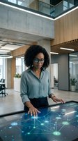 African American businesswoman using interactive touchscreen display with network connections in modern office environment for technology presentations.