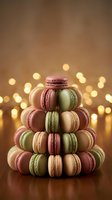Colorful macaron tower pyramid with warm bokeh lights background for luxury dessert display and celebration events.