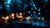 Futuristic night cityscape with glowing blue technology icons floating above water reflection, blurred bokeh lights creating magical atmosphere.