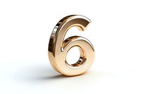 Golden metallic number six casting soft shadow on white surface, dimensional glossy digit for anniversary, ranking or address design.
