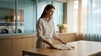 Young Asian woman in white shirt cleaning wooden kitchen counter with cloth in modern bright home interior with natural sunlight streaming through windows.