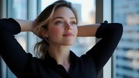 Young Caucasian businesswoman in black blouse with hands behind head looking up thoughtfully near office window, expressing confidence and aspirational mood.
