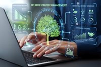 Businessman hands typing on laptop with holographic green tree and sustainability data interface showing net zero strategy management and renewable energy.