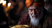 Elderly Asian man with white beard wearing traditional orange turban and robe examines golden treasures on plate in dramatic lighting, creating mystical atmosphere.