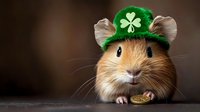 Adorable hamster wearing green leprechaun hat with shamrock and holding golden coin against dark background. Perfect for St Patrick's Day holiday designs.