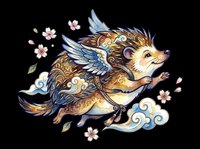 Winged fox with ornate golden patterns and blue wings flying among pink flowers and blue waves, isolated on transparent background for t-shirt design, stickers, and print-on-demand products.