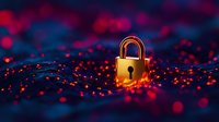 Golden padlock surrounded by glowing red and blue bokeh lights on dark background, representing digital security and data protection concepts.