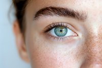 Close-up macro shot of bright blue eye with natural freckles on light skin. Clean minimal beauty photography showing detailed iris texture and eyelashes.
