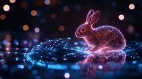 Glowing rabbit silhouette on dark water surface with magical light effects and bokeh background creates mystical atmosphere for fantasy designs and decorative art.